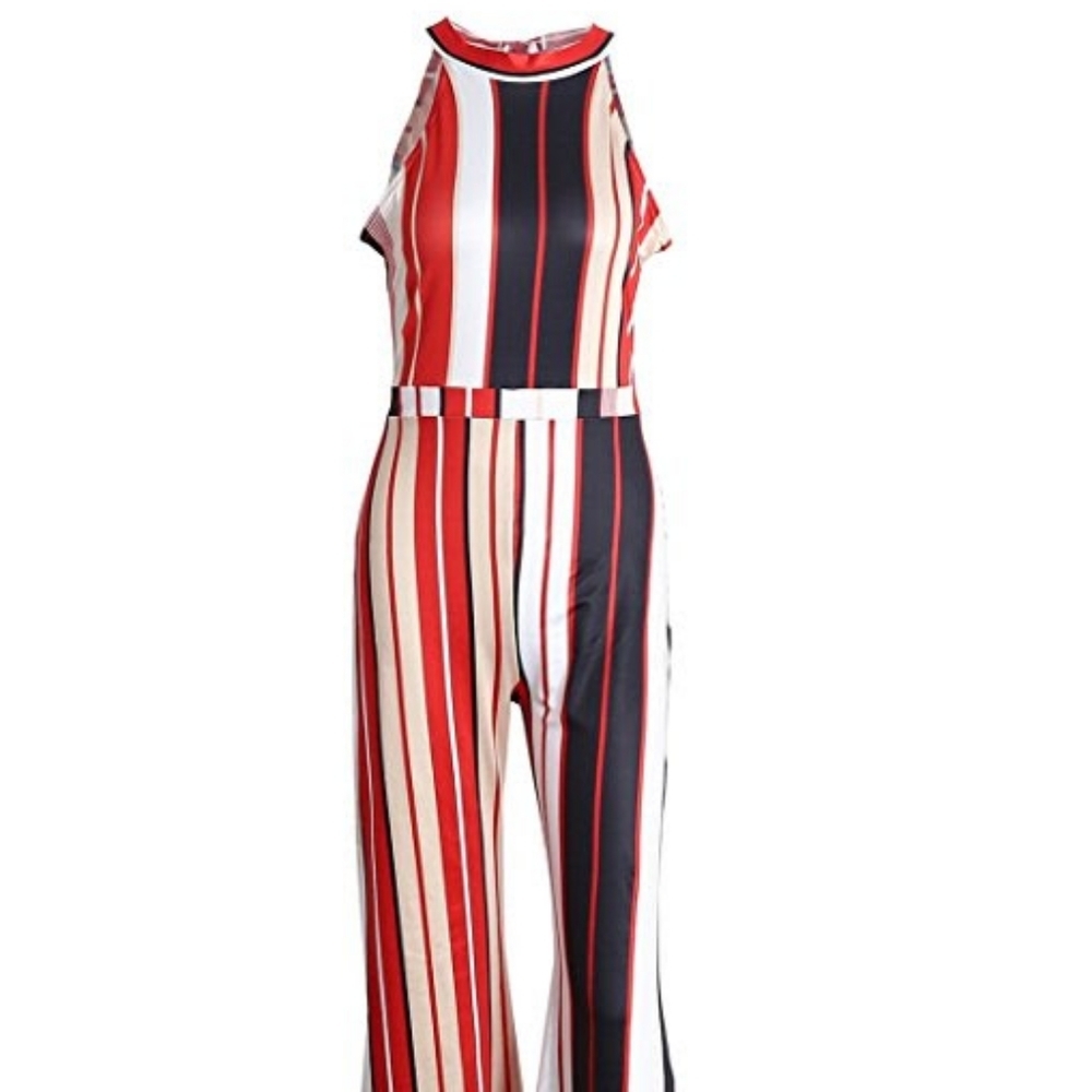 Irregular Stripe Jumpsuit (Red, Black & White)
